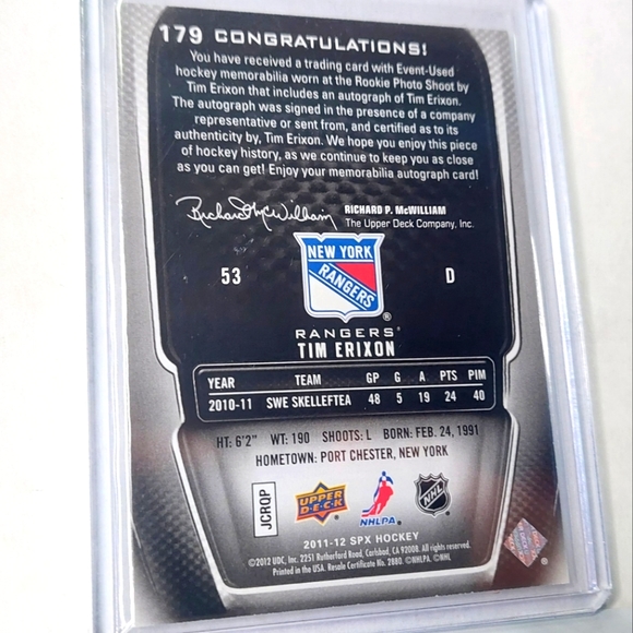 Alex Erixon 2011/12 SPx Autograph Rookie Card 117/799 Card #179 - Picture 2 of 2